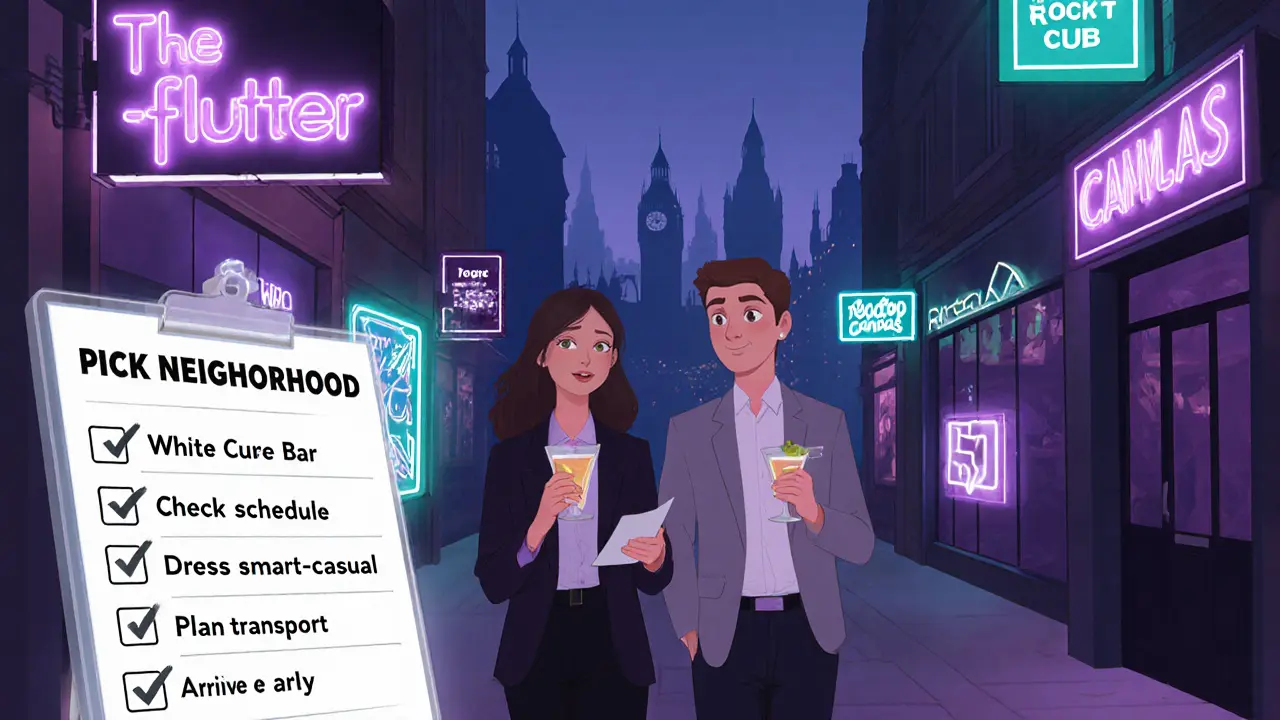 A couple in smart‑casual attire walking past neon venue signs, holding a notebook under night lights.