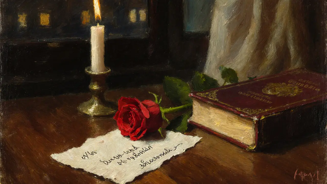 A handwritten note and rose on a wooden table, symbolizing a meaningful connection.