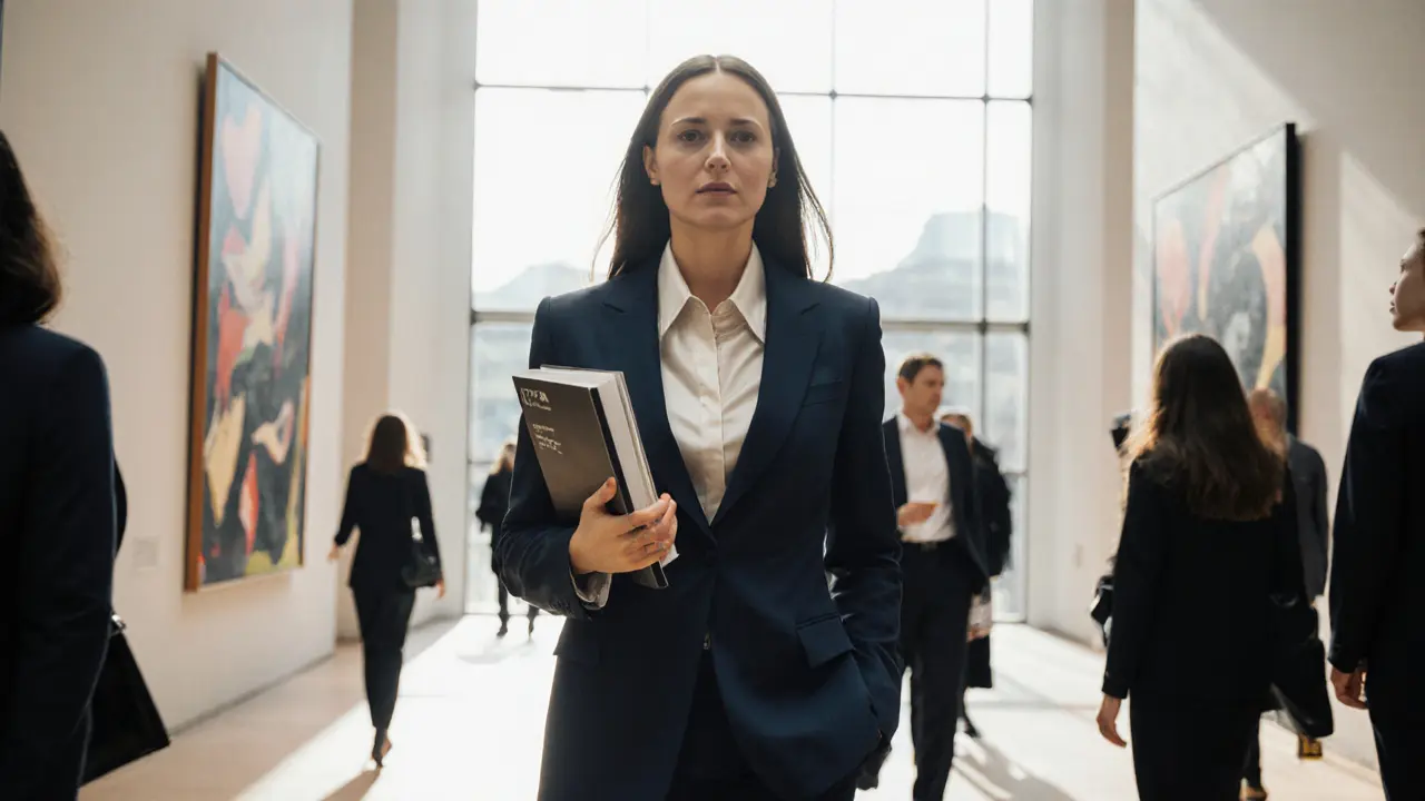 A professional female companion walks through Tate Modern gallery, holding an exhibition catalog, surrounded by modern art.