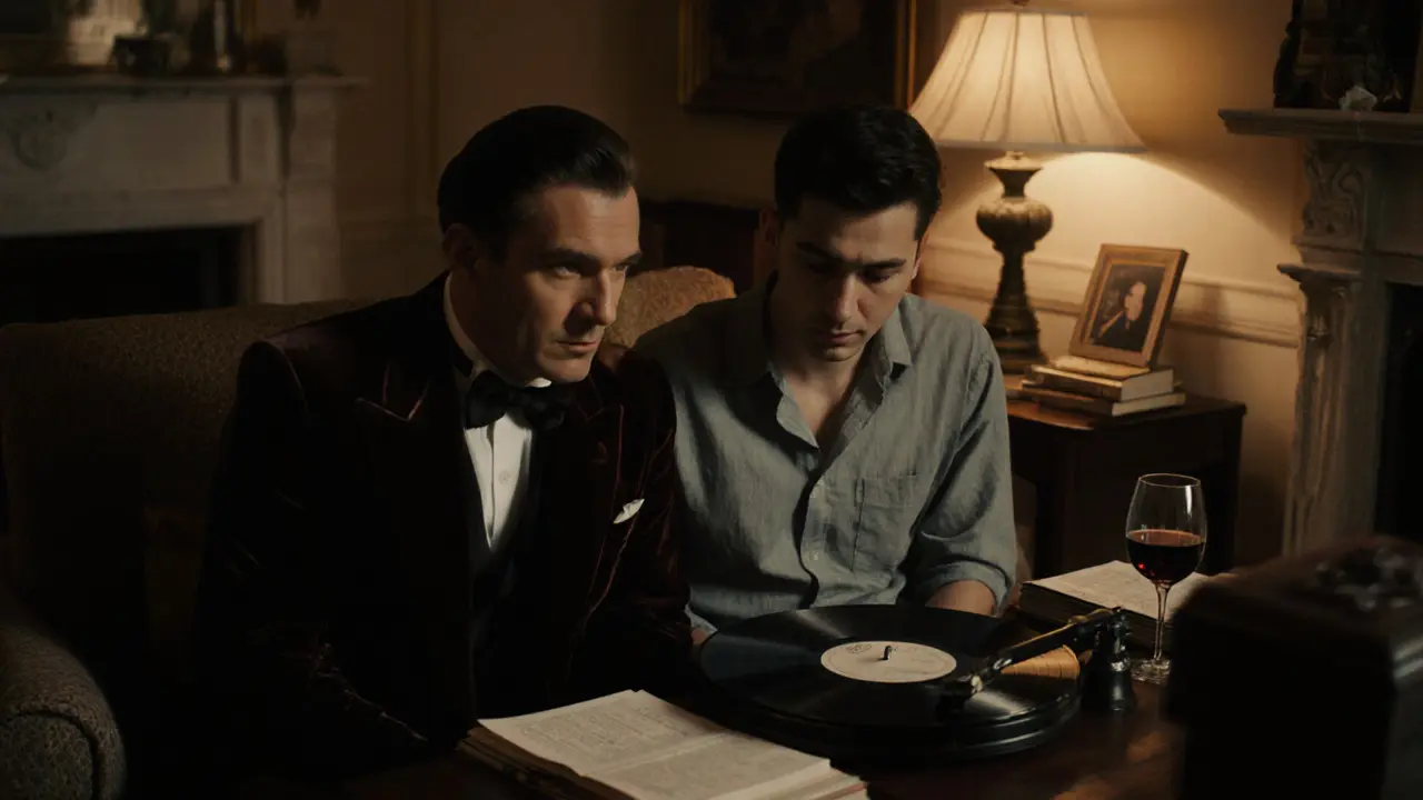 An elderly man and young male companion enjoy music together in a Mayfair apartment, bathed in warm lamplight.