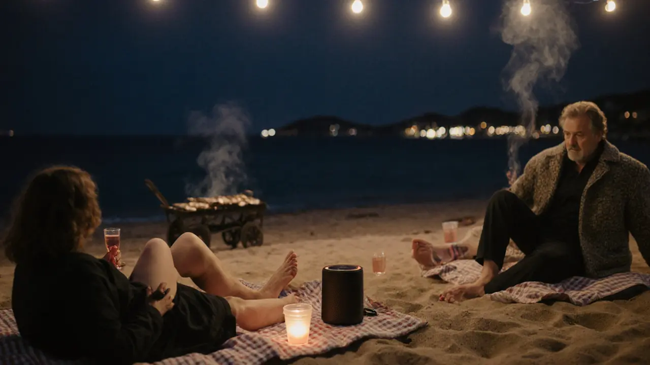 Beach party at Larvotto at night, barefoot people on blankets, rosé in plastic cups, sardine grill smoke, ocean lights.