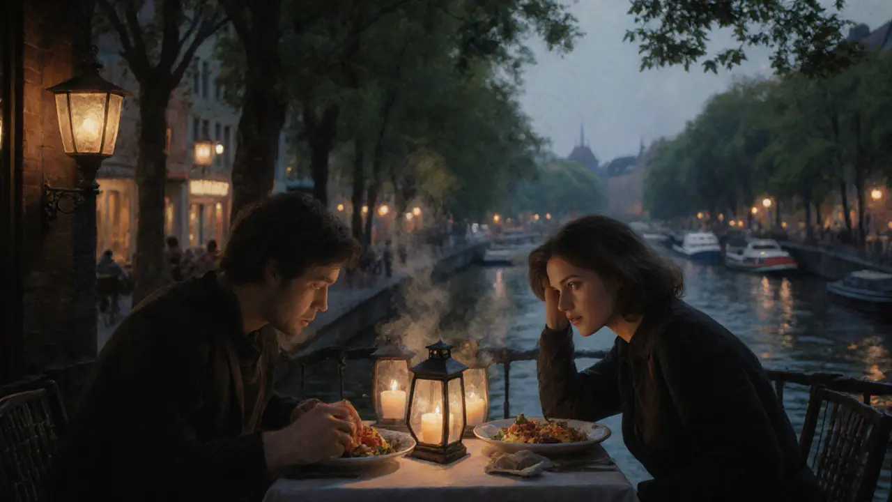 Candlelit dinner by the Spree River in Mitte, two people sharing a quiet meal under warm lantern light.