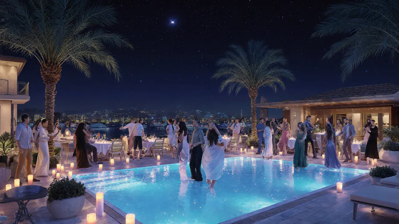 Candlelit poolside club at night with star reflections and calm dancers.