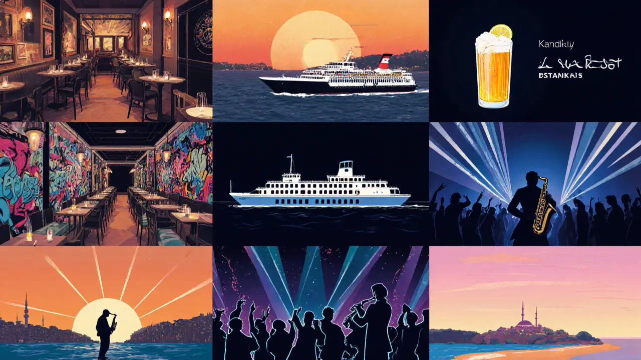 Collage of a two‑day night itinerary: dinner, ferry, club, beach party and jazz bar.