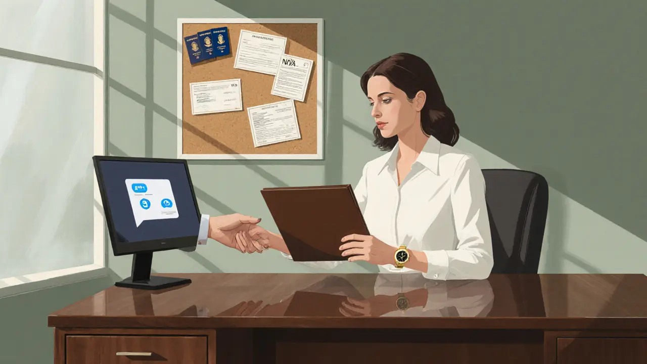 Concierge office with agent handing folder, passports and NDA displayed.