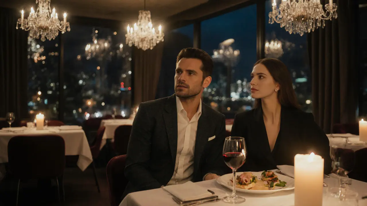 Couple in smart attire enjoying a candlelit dinner in a stylish Berlin restaurant.