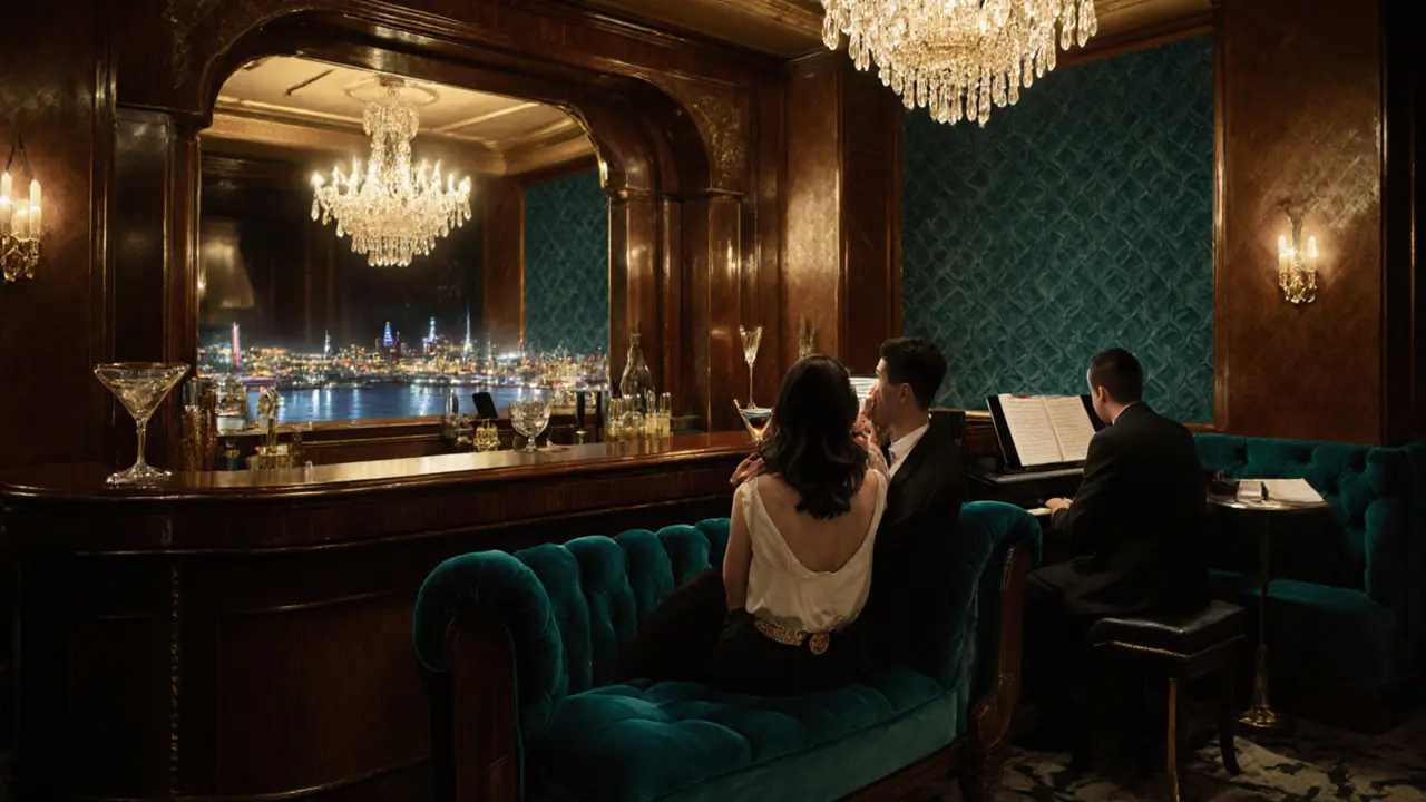 Couple sharing a martini at an elegant art‑deco bar with a view of the harbor.
