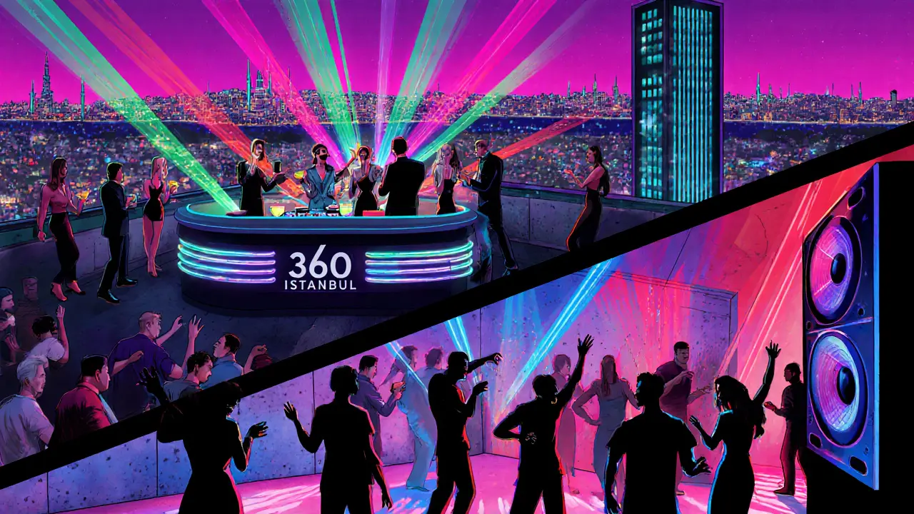 Crowd dancing on the rooftop of 360 Istanbul with neon lights and city skyline.