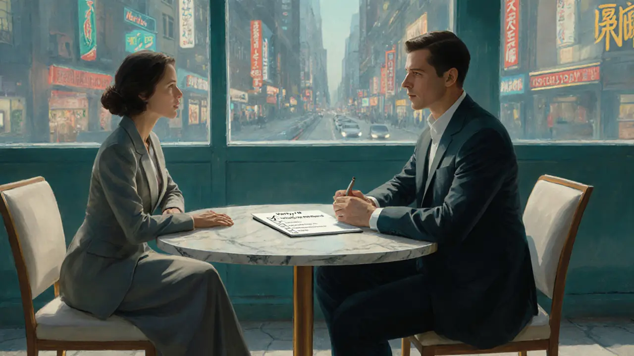 Elegant cafe scene with a gentleman and companion reviewing a checklist during an evening meeting.