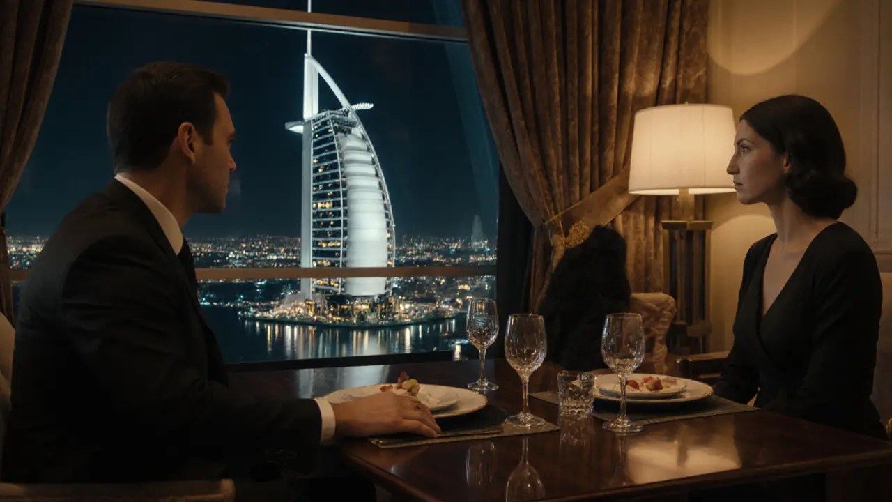 Elegant dinner scene in a luxury Dubai hotel suite with two companions conversing discreetly.