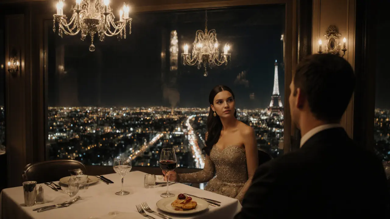 Elegant escort and guest sharing wine at Le Jules Verne with a panoramic Paris night view.