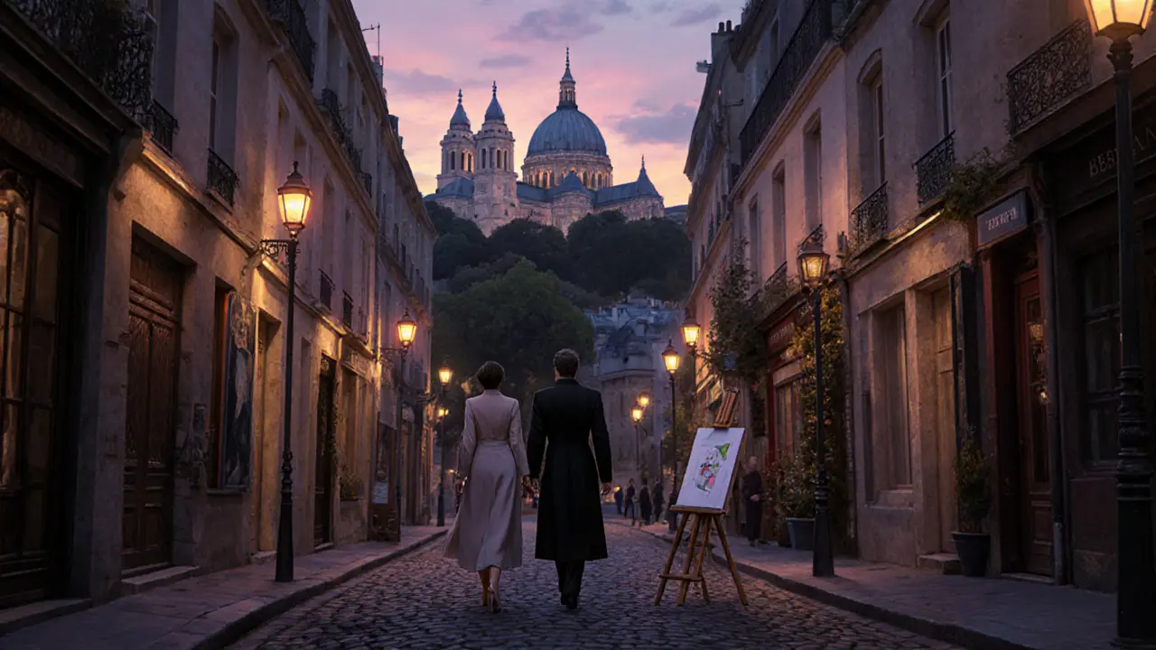 Elegant guide leading a visitor through lantern‑lit Montmartre streets.