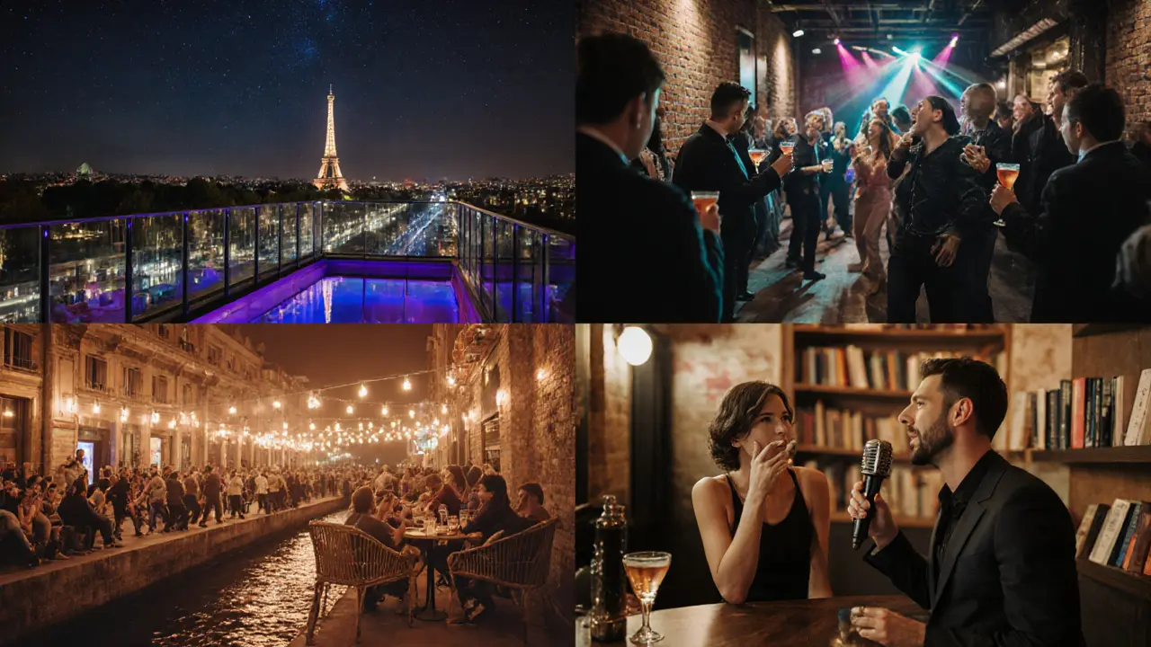Four iconic LGBT venues in Paris shown together: rooftop club, industrial club, canal bar, and karaoke café.