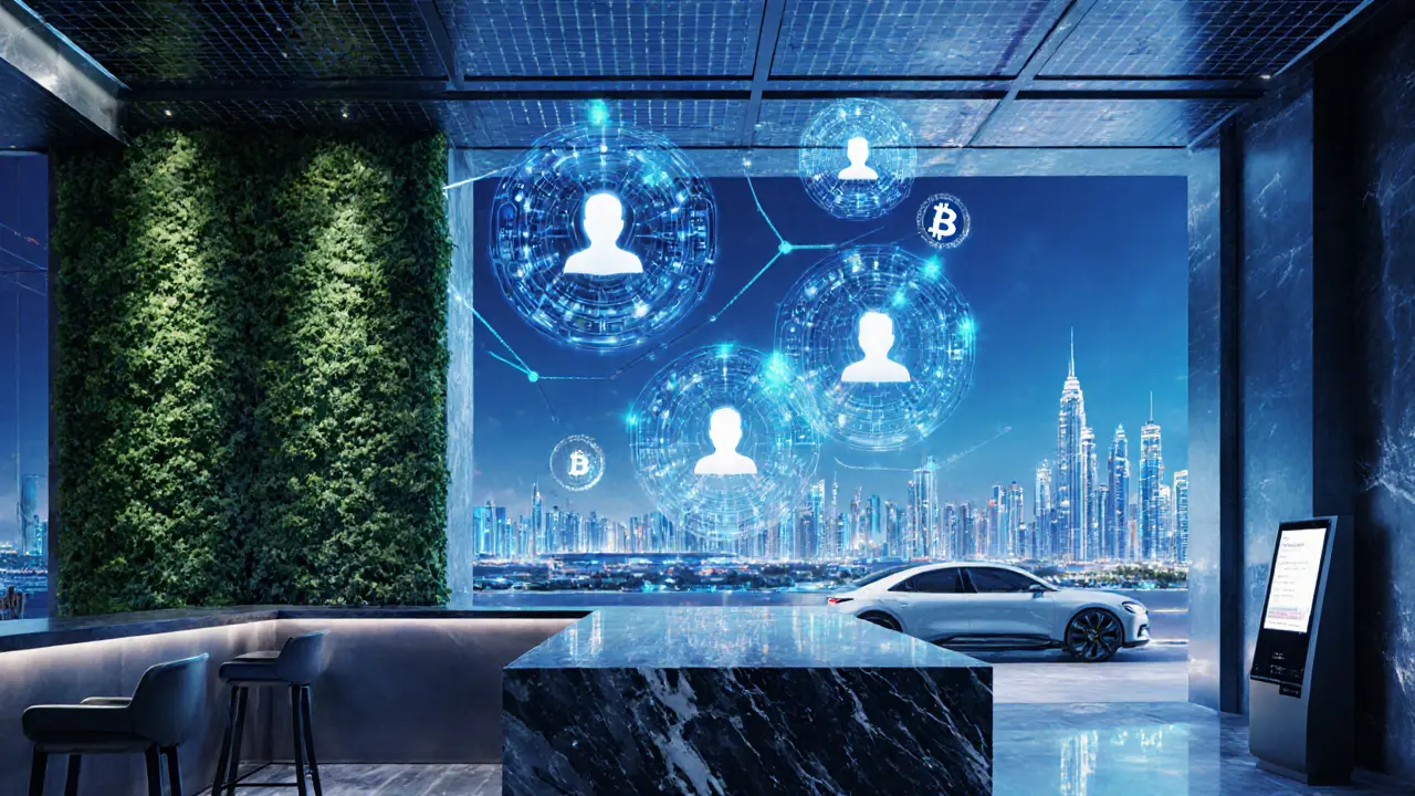 Futuristic Dubai lounge featuring holographic AI matchmaking, green walls, and eco‑friendly skyscrapers.