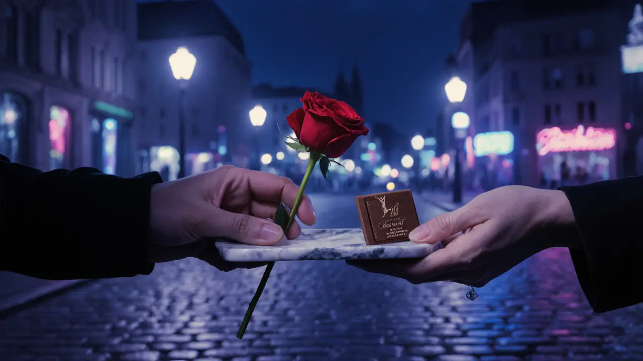 Hand presenting a single rose and chocolate beside a dimly lit Berlin street.