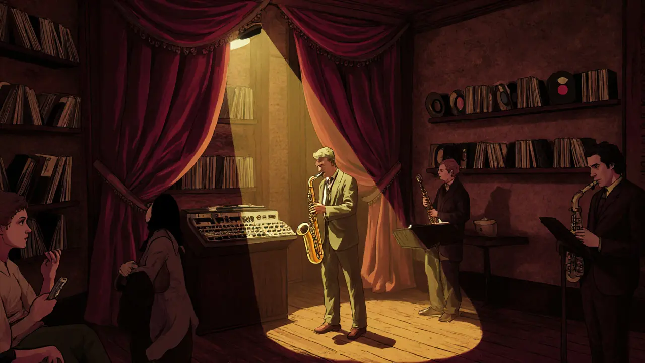 Hidden jazz bar with a saxophonist performing under a spotlight in a dim, intimate cellar.
