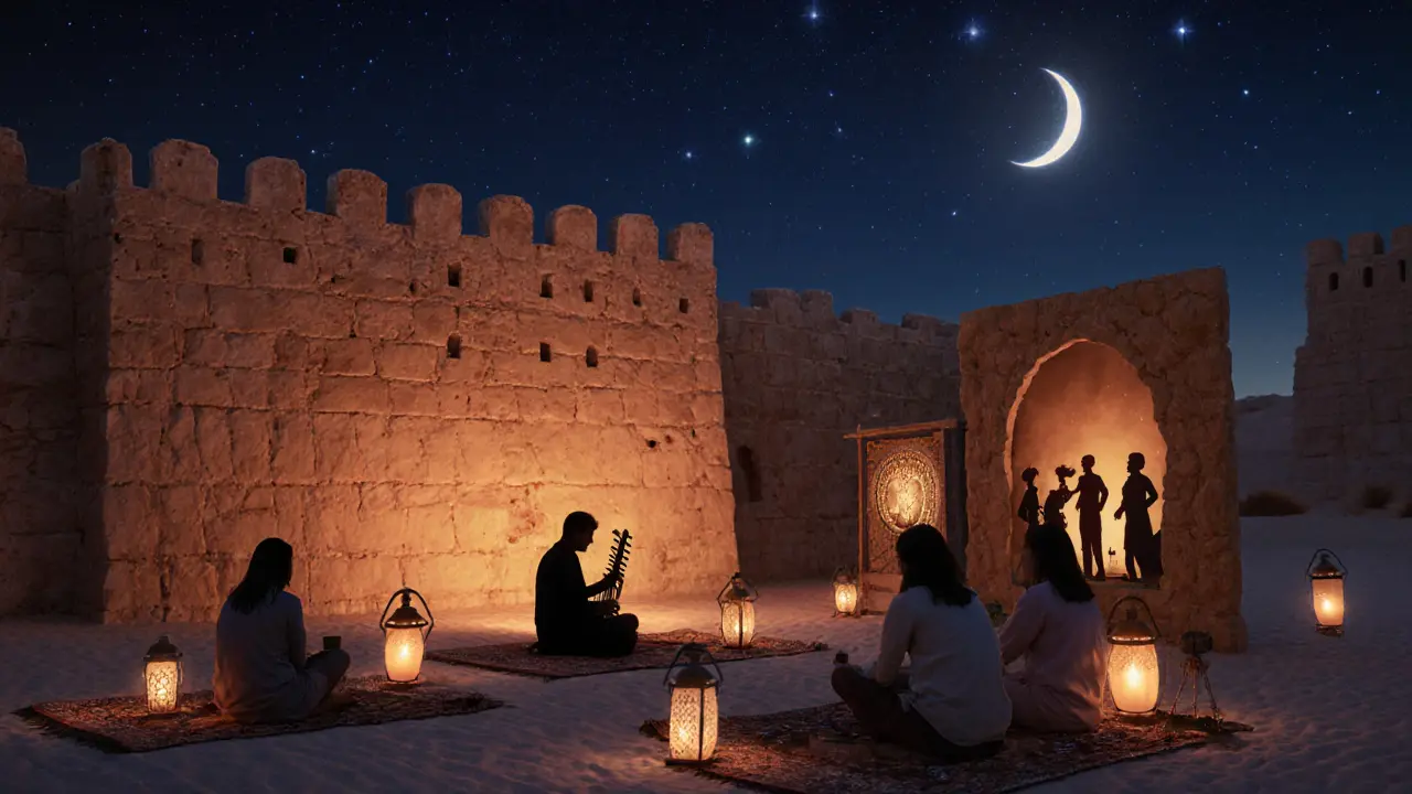 Historic fort at night with lanterns, oud player, and shadow puppet storytelling.