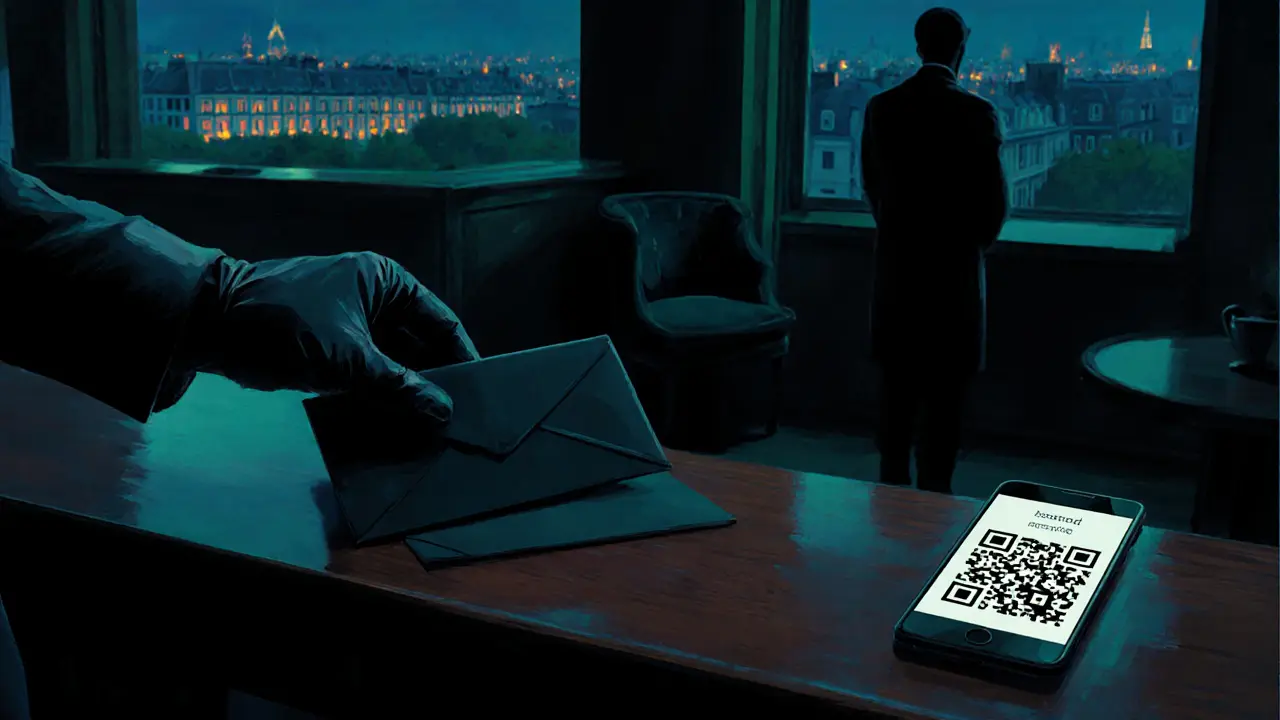 Hotel lounge showing a hand delivering an envelope beside a crypto QR code on a phone.