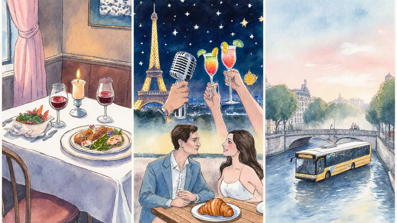 Illustrated night itinerary from dinner to rooftop party to sunrise by the canal with a night bus.