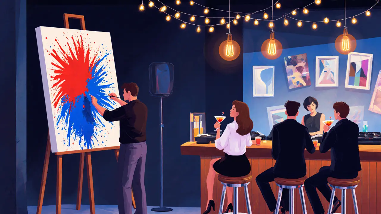 Inside a lively bar where a mural is being painted while people enjoy drinks and a DJ set.
