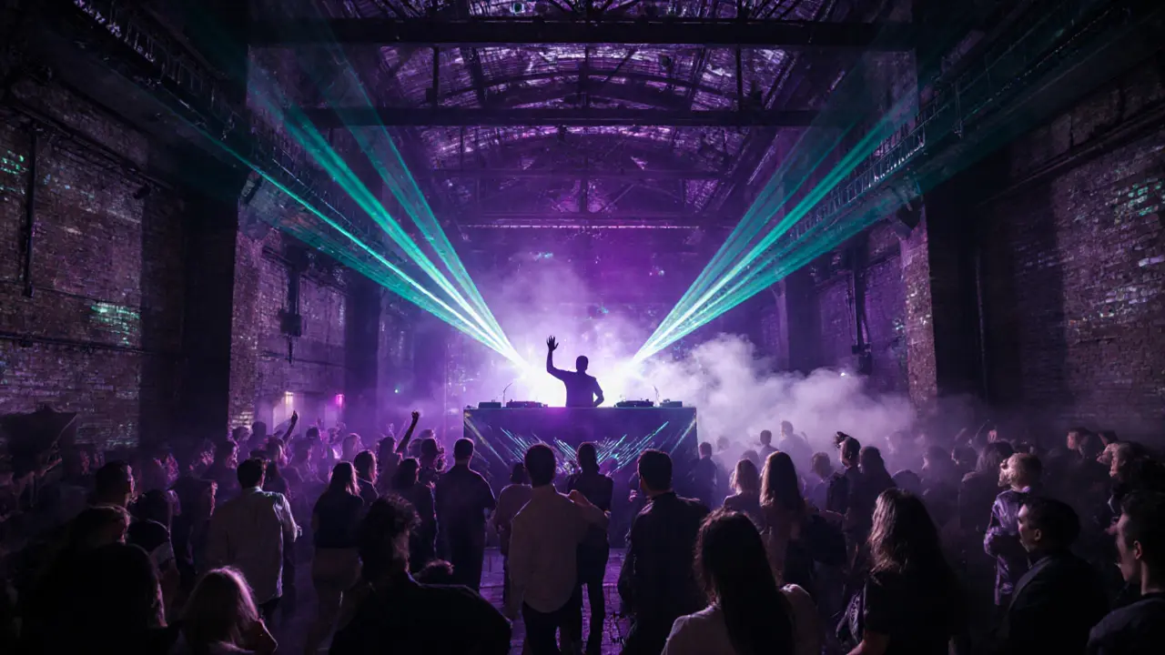 Inside Club Alcatraz with DJ booth, laser lights, and dancing crowd.