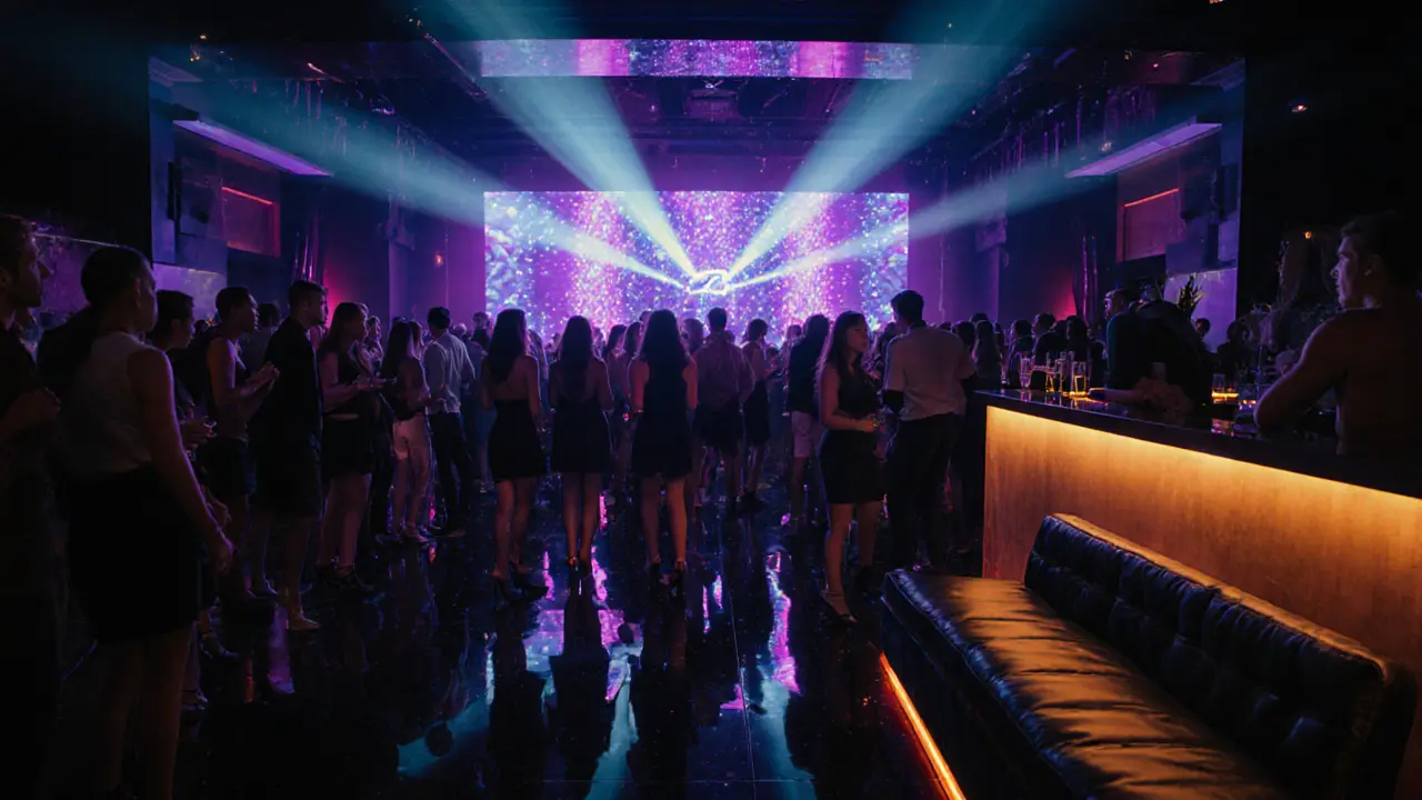 Inside Jimmy'z nightclub with laser lights, dancing crowd and DJ booth.