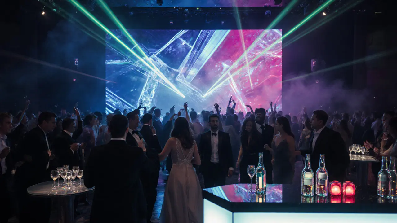 Interior of a futuristic nightclub with LED wall, laser lights, and dancing crowd.