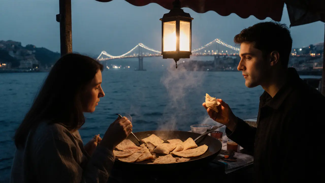 Late‑night Karaköy gözleme stall lit by a lantern, couple sharing a bite.