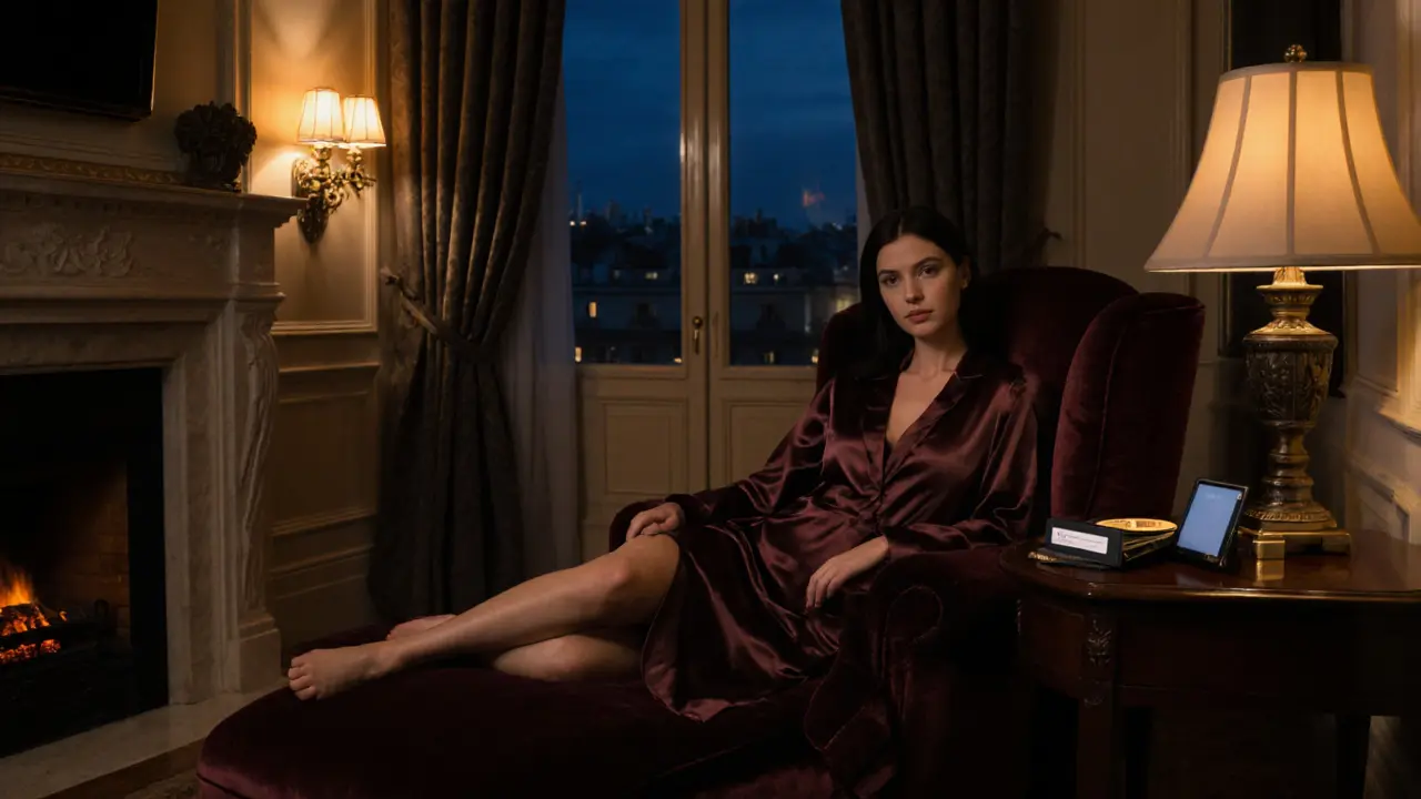 Luxurious hotel suite lounge with escort, discreet payment items, and Paris skyline visible.