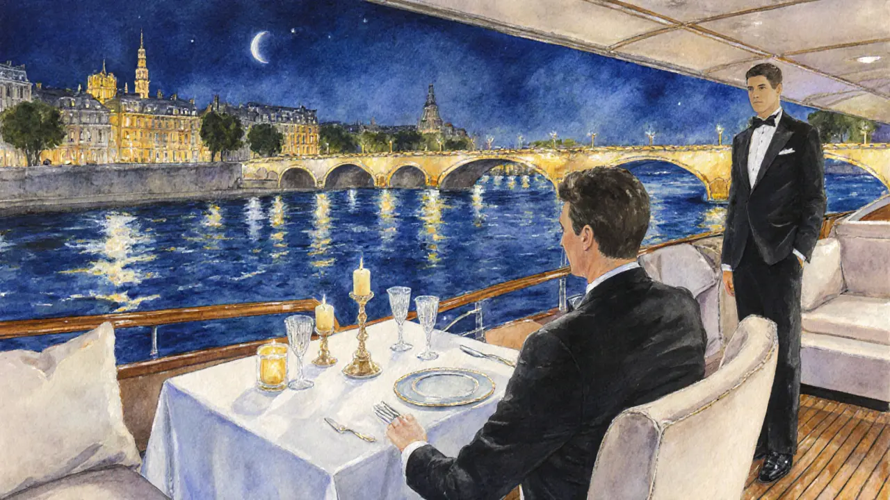 Private yacht dinner on the Seine with city lights reflected on water.