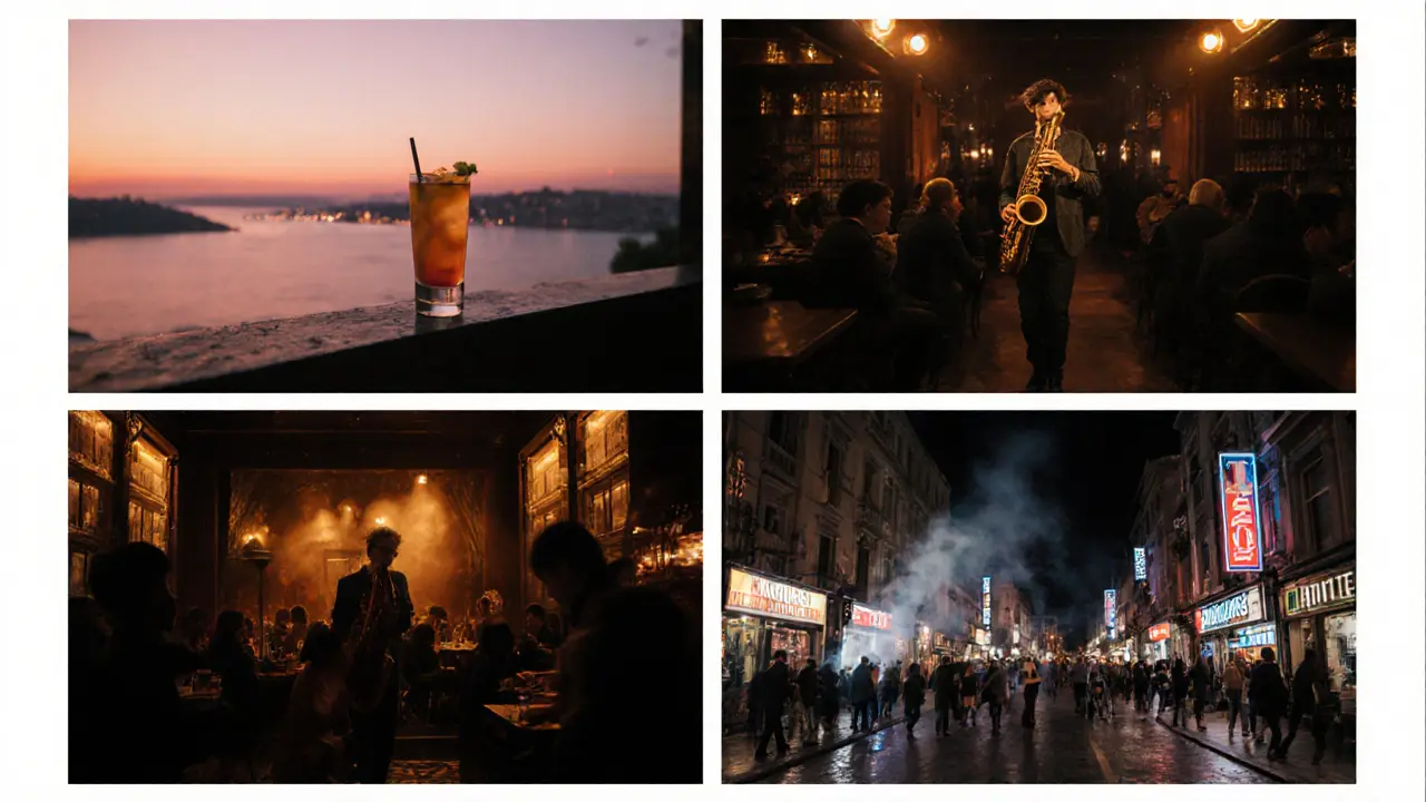 Sequence of a night in Beyoğlu: rooftop cocktail, jazz club, dance floor, and kebab street vendor.