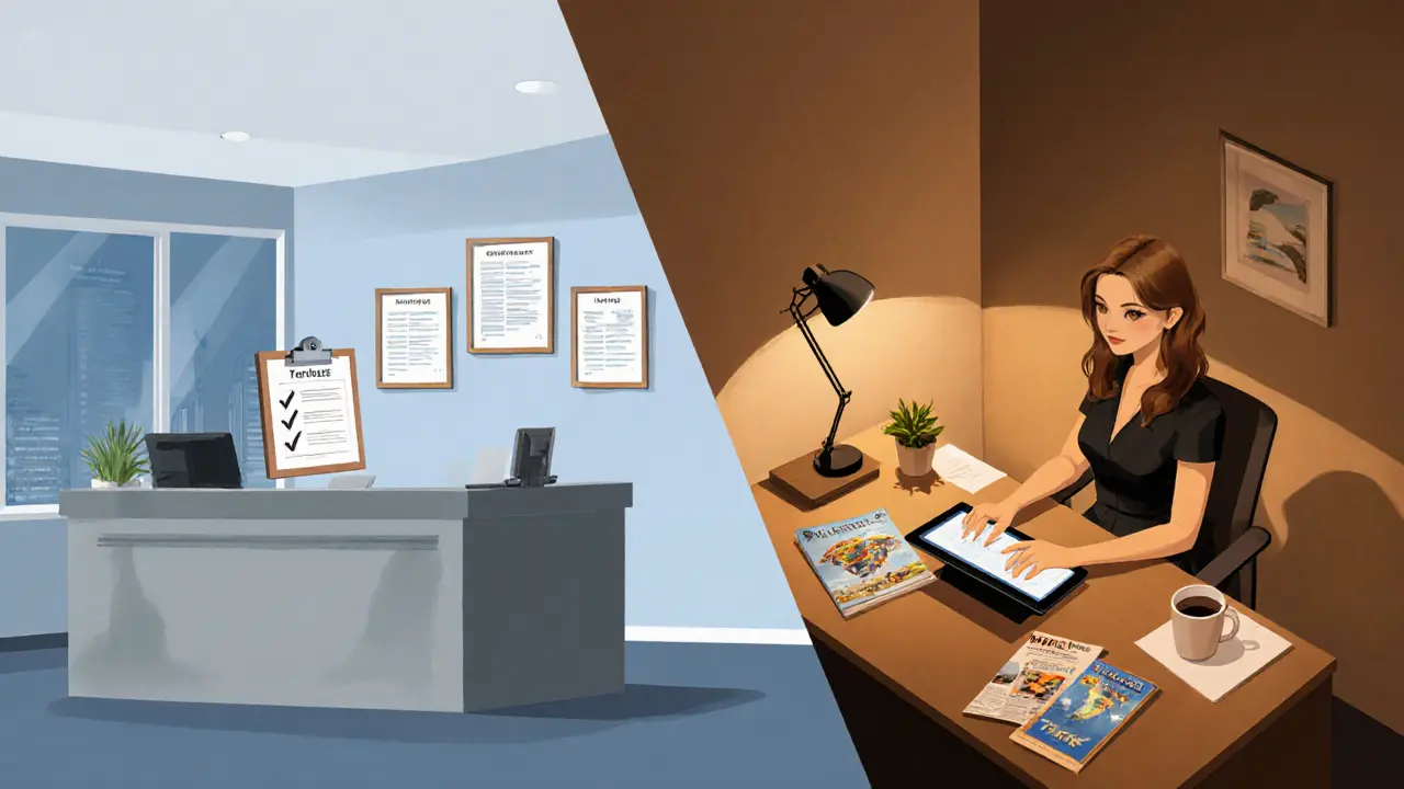Split-screen contrast of agency office versus freelance home office, highlighting service differences.