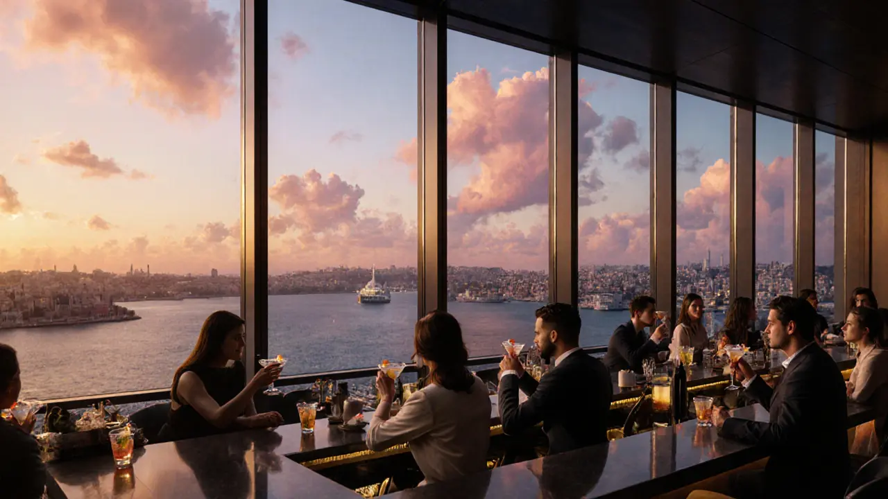 Sunset at Mikla rooftop bar with people enjoying cocktails over the Bosphorus.