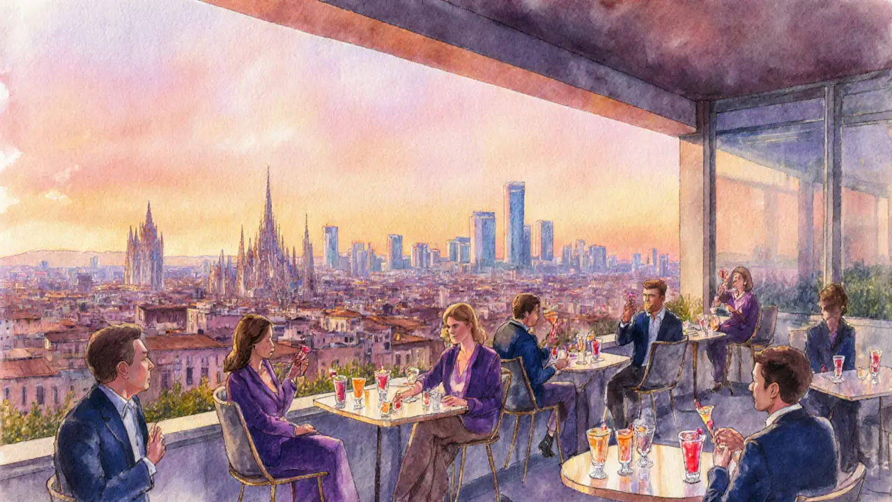 Sunset rooftop bar Terrazza Gallia overlooking Milan's skyline.
