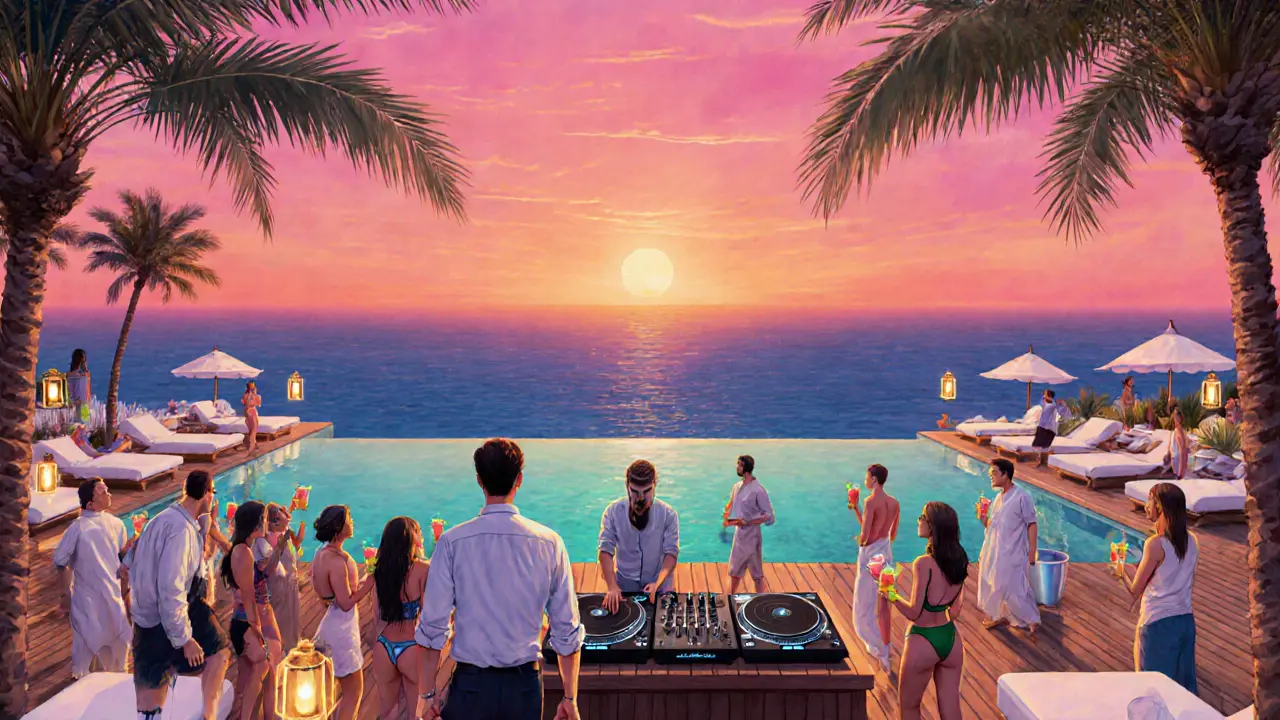 Sunset scene at Blue Marlin Ibiza Beach Club with pool, DJ, and guests lounging on daybeds.
