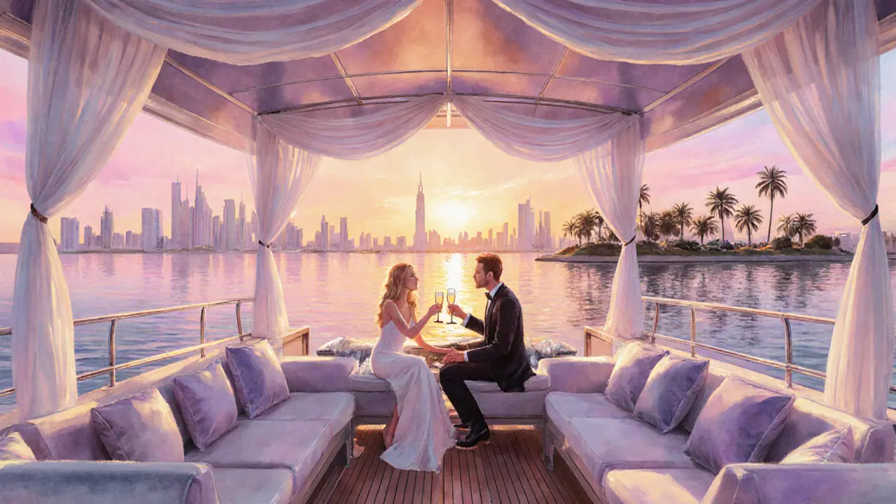 Sunset yacht deck with elegant couple sipping champagne over the Gulf.