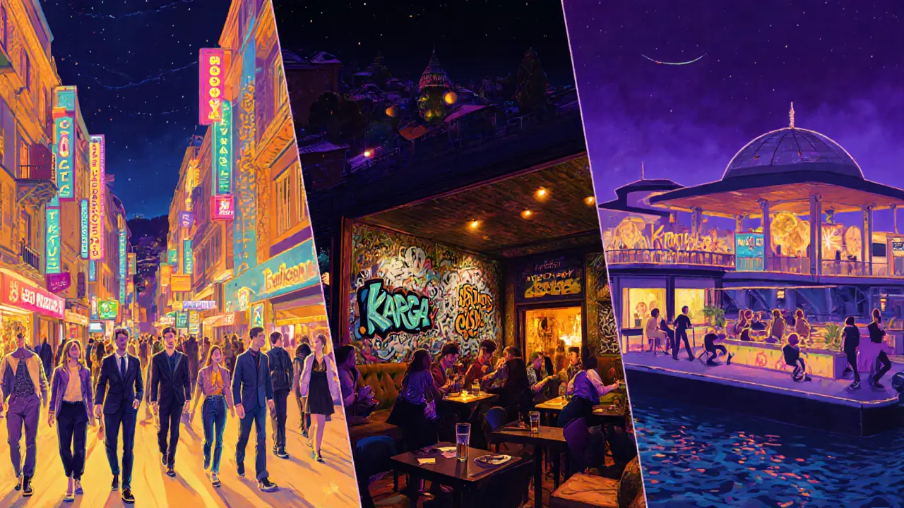 Three panels showing Beyoğlu neon street, Kadıköy indie venue, and Karaköy waterfront club.