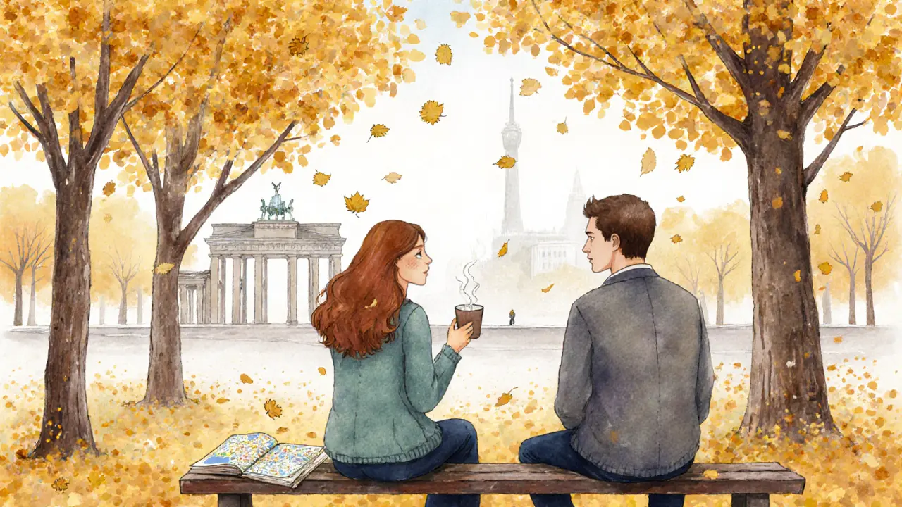 Two people on a bench in Tiergarten, autumn leaves falling, sharing a quiet moment with coffee.