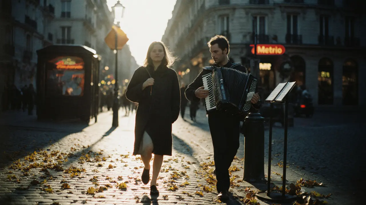 Two people pausing together beside a street musician in Paris, sharing a quiet moment.