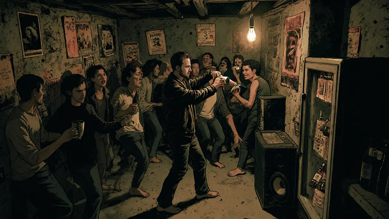 Underground club La Cave with vintage rock posters, custom sound system, people dancing barefoot in dim light.