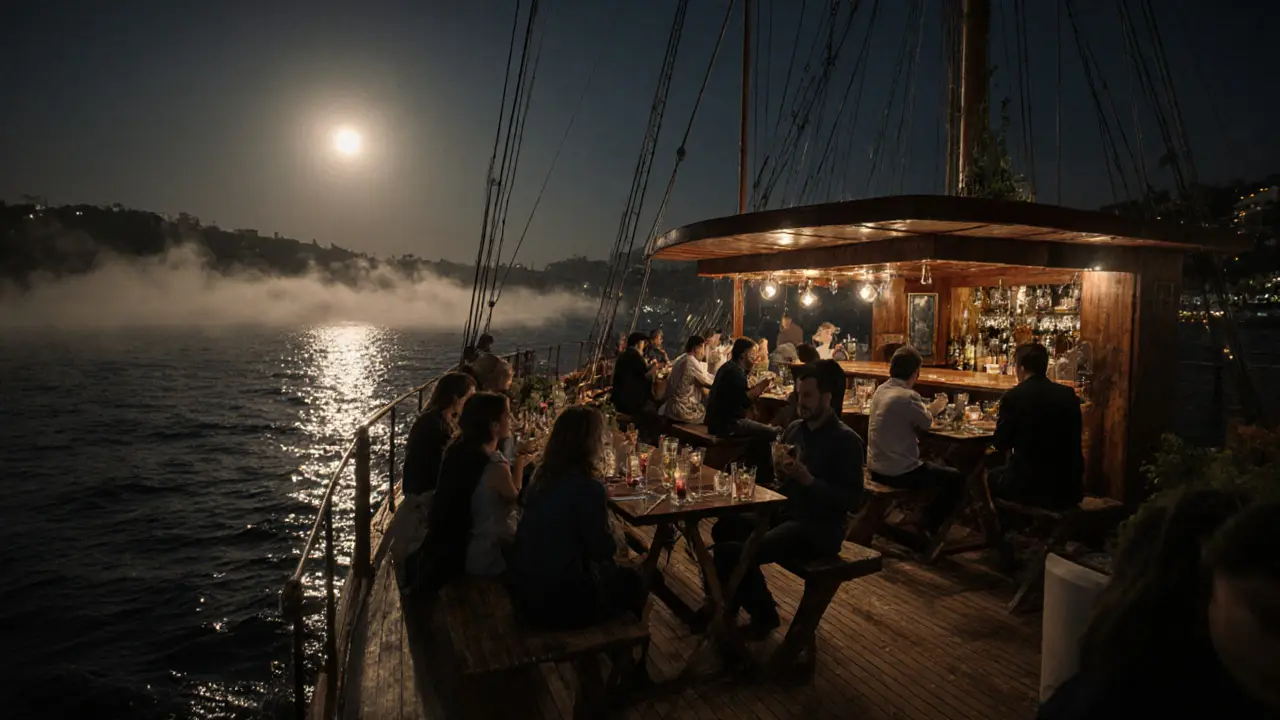 Vintage wooden yacht docked at night, guests sipping herbal drinks on the Bosphorus.
