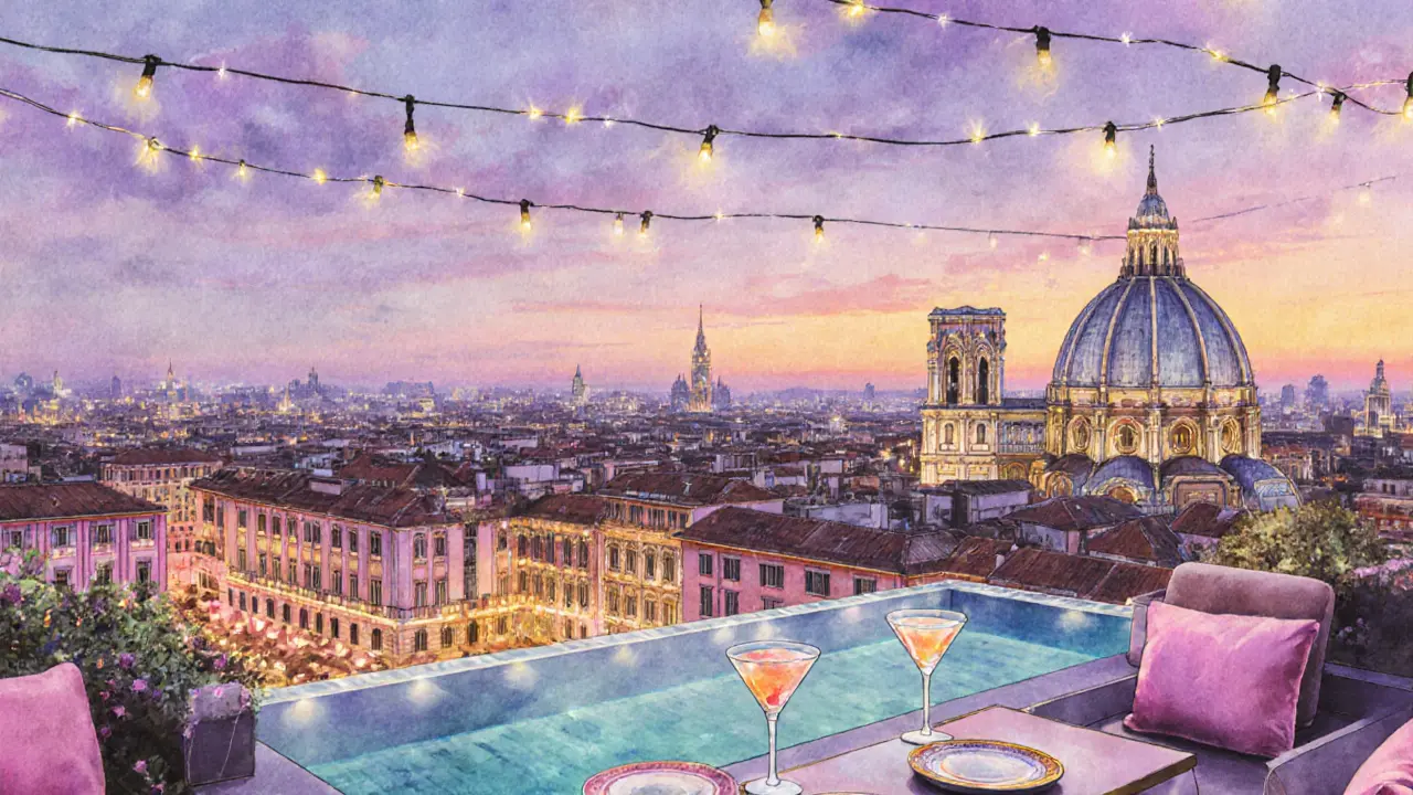 Watercolor illustration of three Milan rooftops at sunset with cocktails and city skyline.