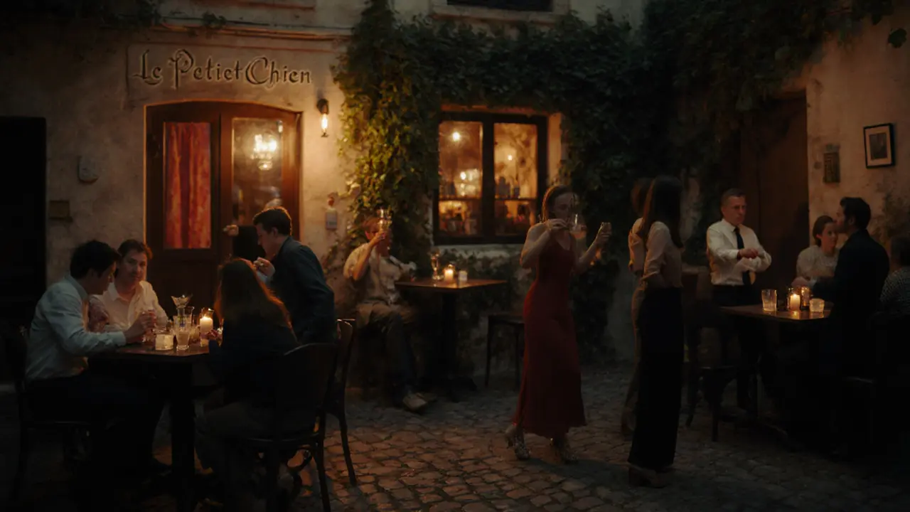 A candlelit hidden bar at night with people chatting quietly, no signs, only soft warm light.