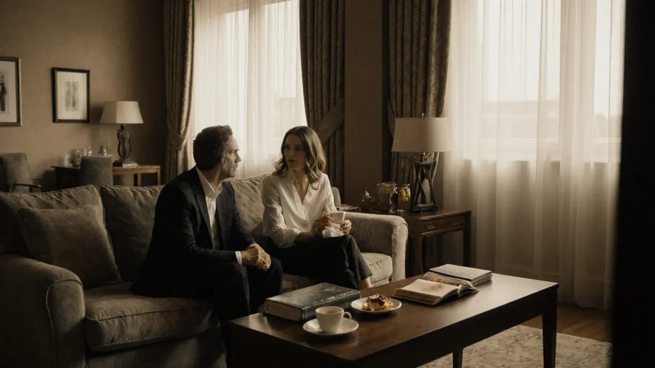 A client and escort share quiet conversation over tea in a boutique hotel room.