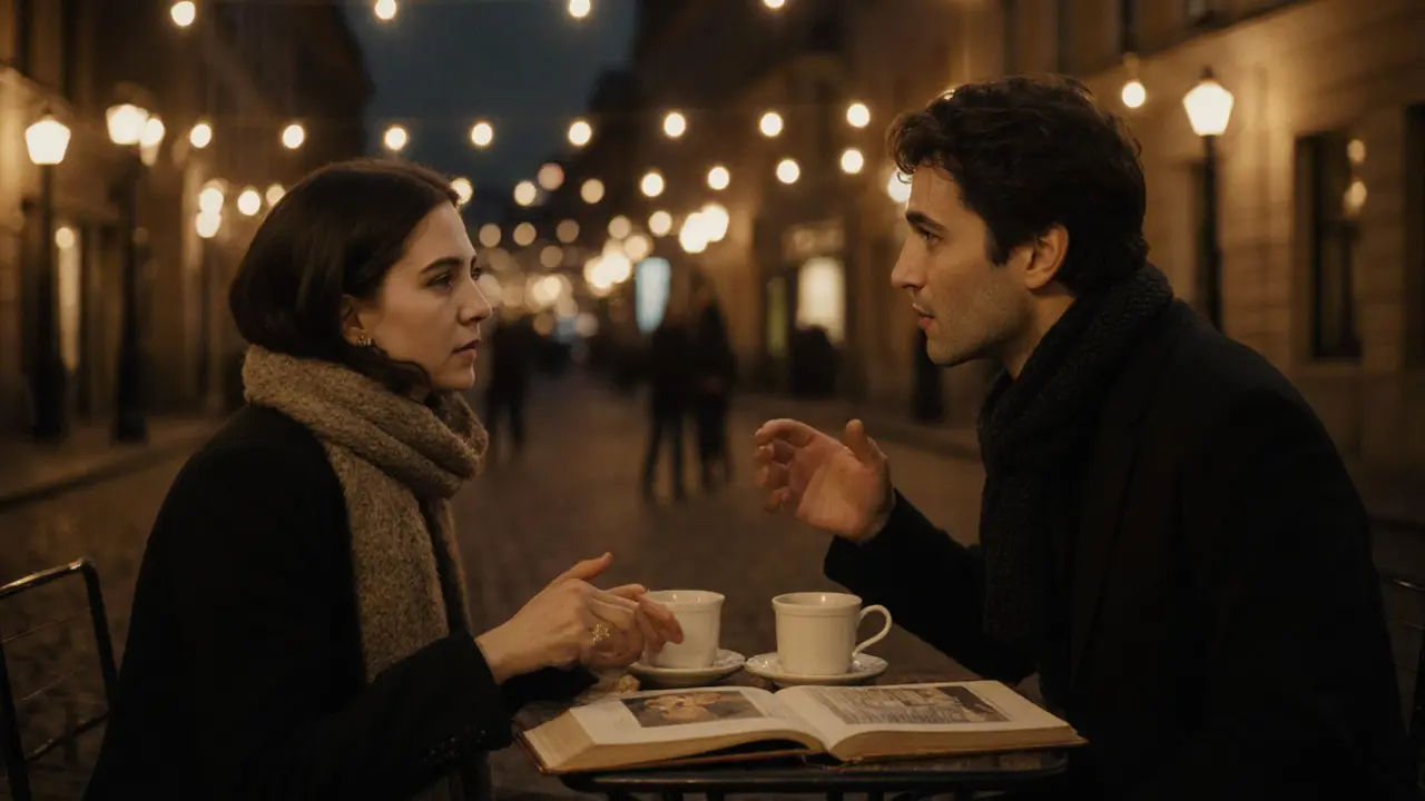 A couple having a quiet coffee conversation in a Berlin courtyard, surrounded by art books and soft evening light.