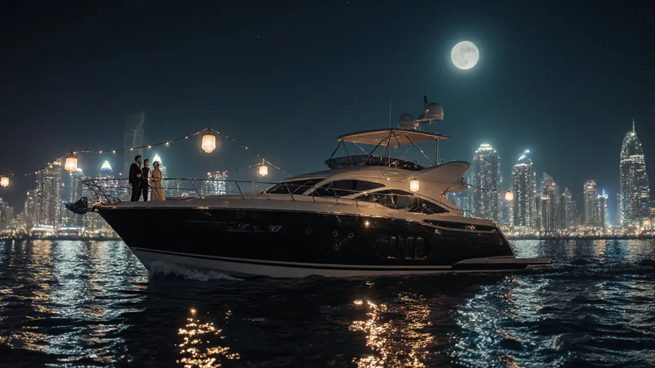 A couple on a private yacht at night, Dubai&#039;s skyline reflecting on calm marina waters.
