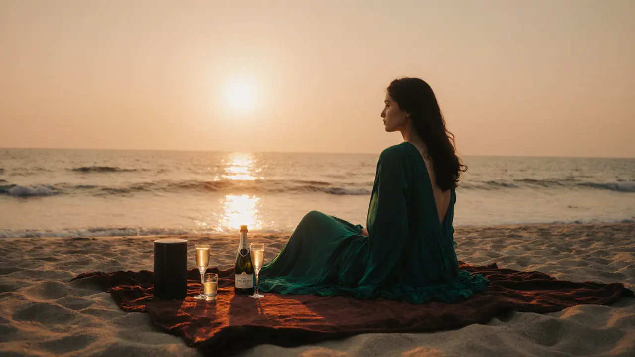 A couple on a quiet beach at Saadiyat Island at sunset, champagne and blanket under a golden sky, waves gently rolling.
