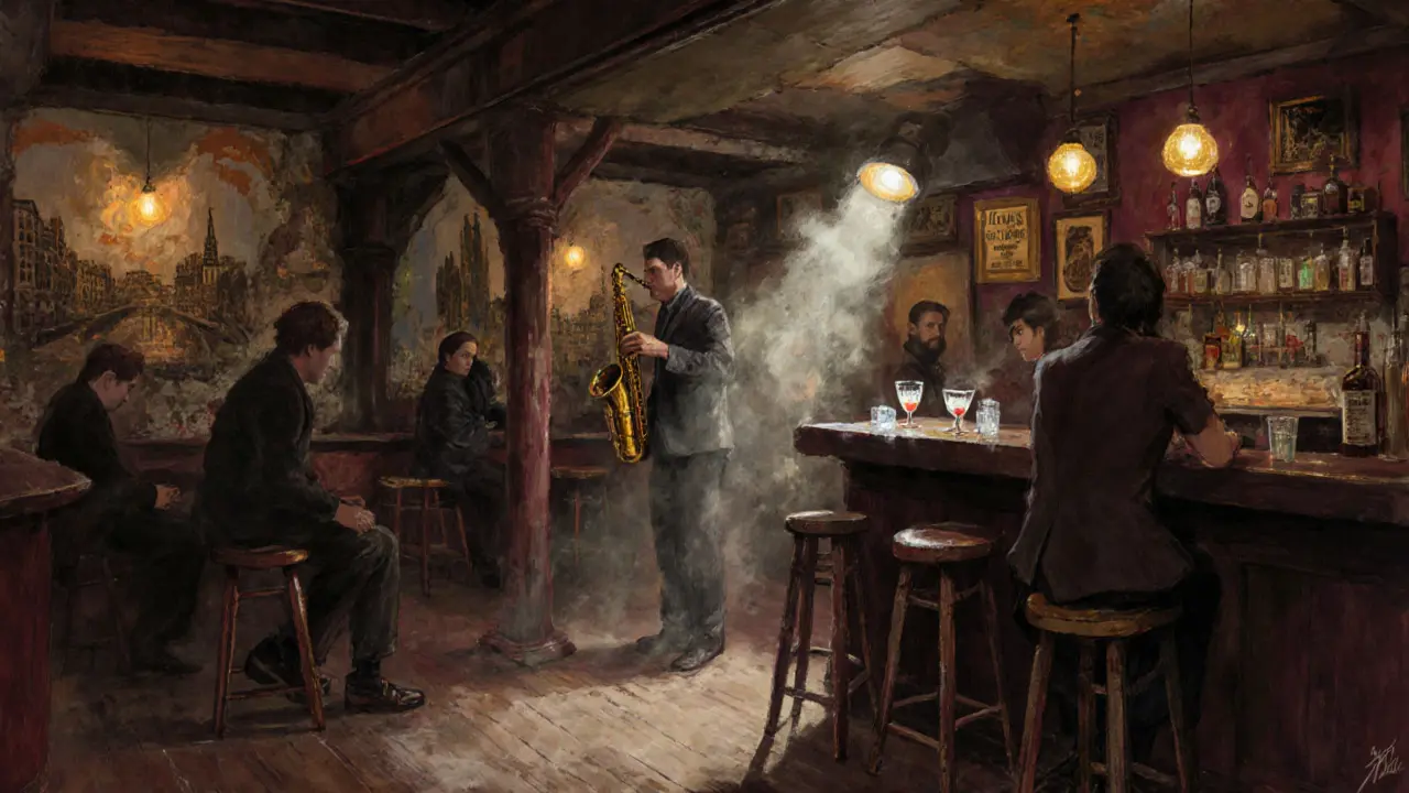 A dim jazz cellar under a train bridge, a saxophonist playing under a single spotlight.