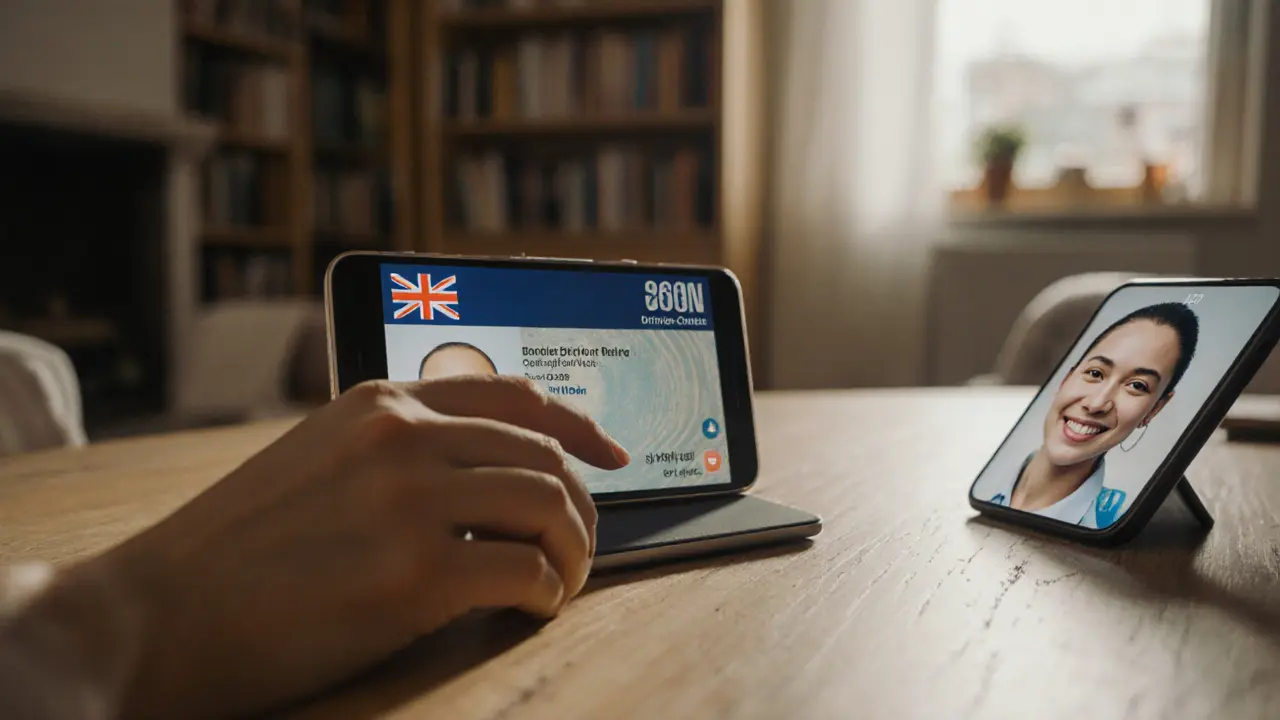 A hand placing a driver’s license on a table beside a video call screen.