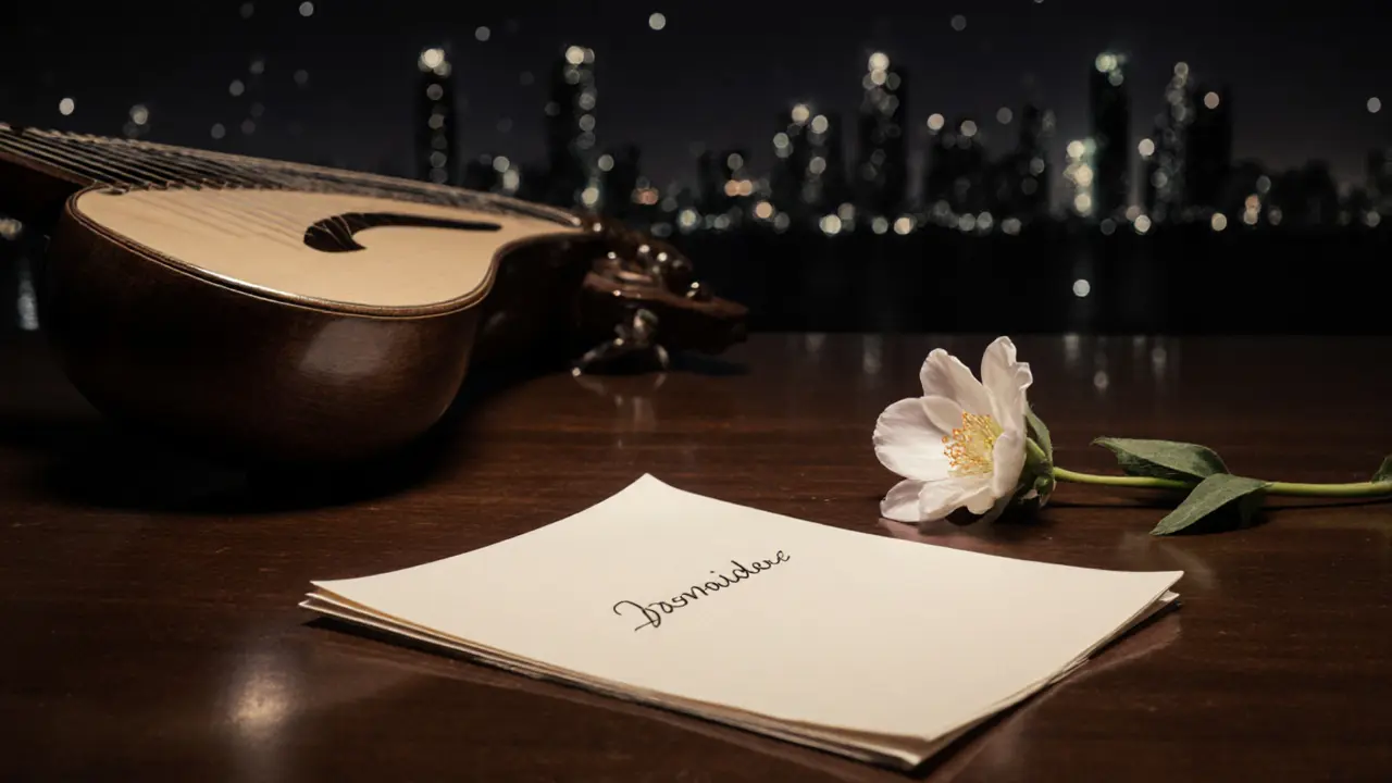 A handwritten note and jasmine flower on a wooden table, with a faint outline of Abu Dhabi’s nighttime skyline in the background.
